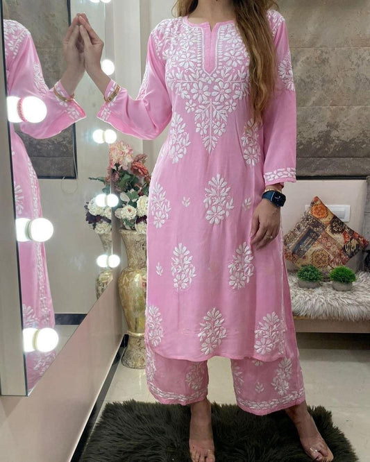 Lightpink Rayon Cotton Chikankari Kurta With Palazzo