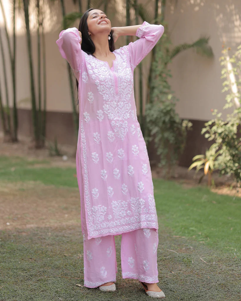 Purple Rayon Cotton Chikankari Kurta With Palazzo