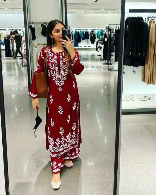Maroon Rayon Cotton Chikankari Kurta With Palazzo