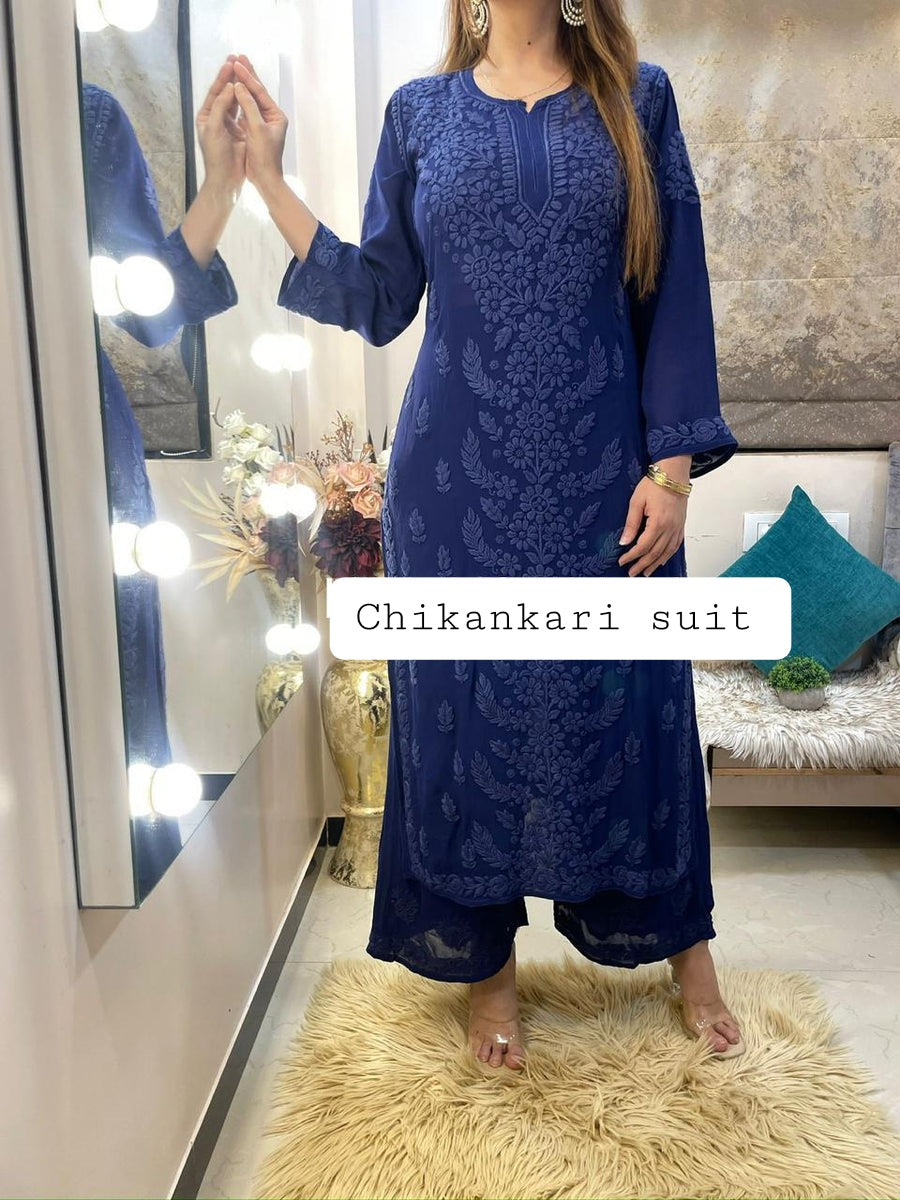 Viscose Georgette Chikankari Kurta With Palazzo Set
