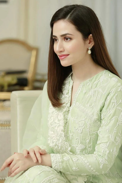 Pista Green Chikankari Embroidred Rayon Cotton Salwar Suit With Dupatta