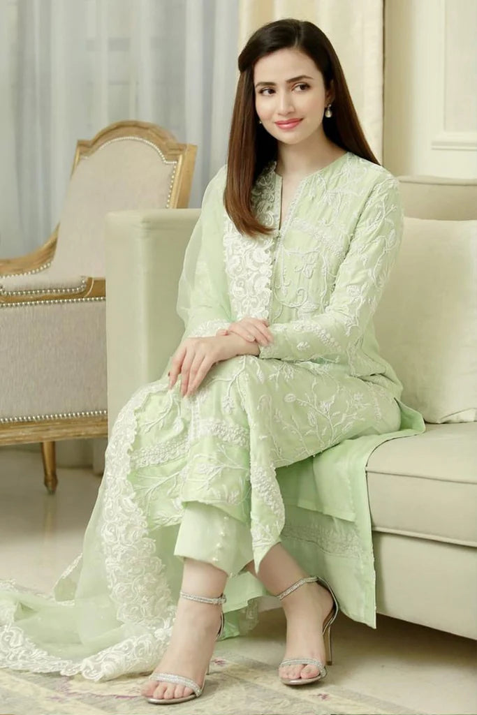 Pista Green Chikankari Embroidred Rayon Cotton Salwar Suit With Dupatta