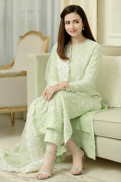 Pista Green Chikankari Embroidred Rayon Cotton Salwar Suit With Dupatta