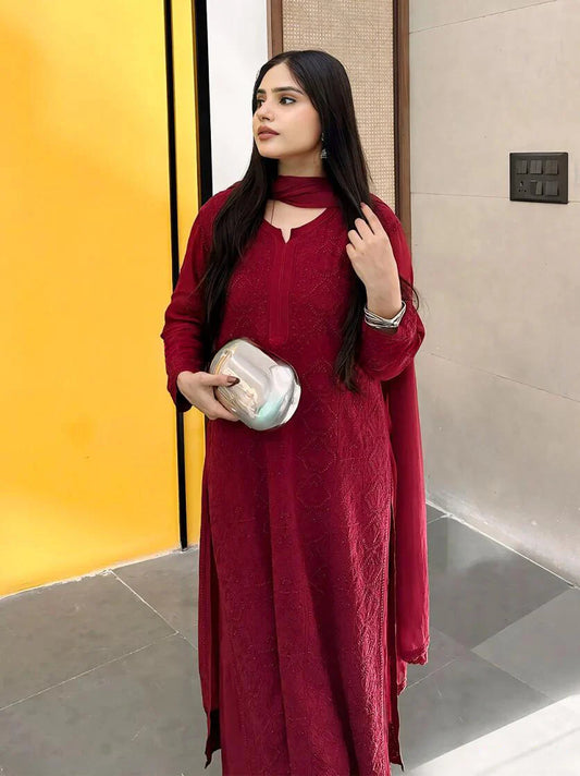 Maroon Viscose Georgette Chikankari Kurta Palazzo With Dupatta Set