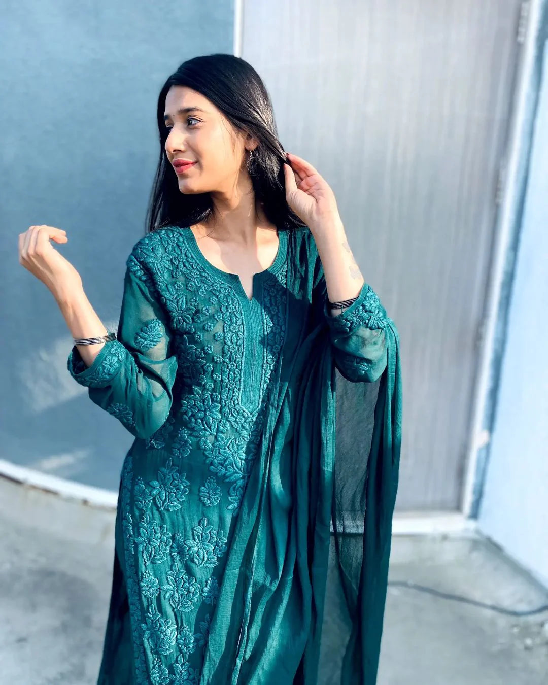 Viscose Georgette Chikankari Kurta & Pant With Dupatta Set