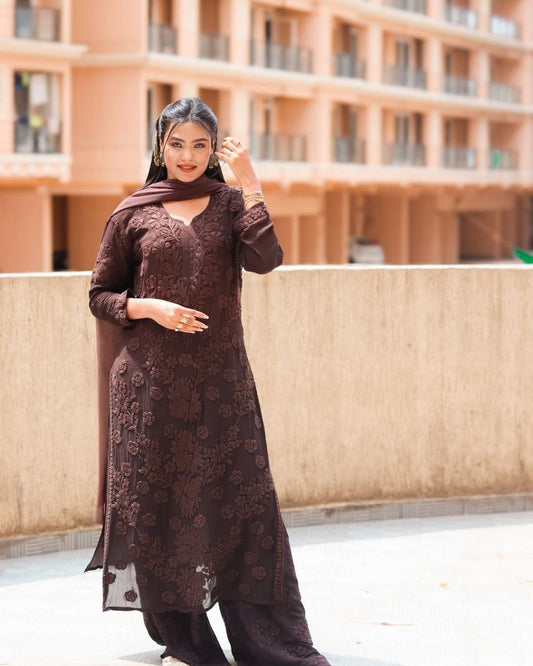 Brown Viscose Georgette With Chikankari Embroidery Work Chikankari suit