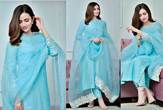 Auspicious Sky Blue Plain Rayon Cotton Salwar Suits With Organza Silk Dupatta