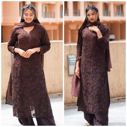 Brown Viscose Georgette With Chikankari Embroidery Work Chikankari suit