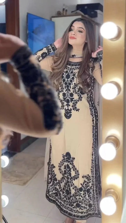 Cream Faux Georgette Embroidery Work Salwar Suit with Dupatta Set