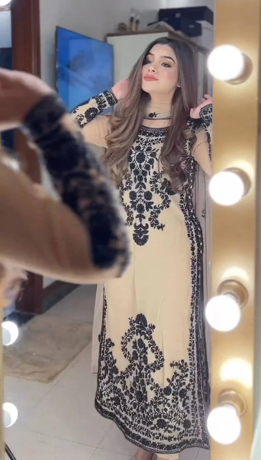 Cream Faux Georgette Embroidery Work Salwar Suit with Dupatta Set