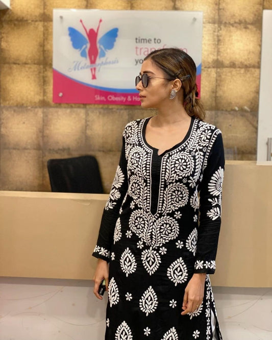 Black Rayon Cotton Chikankari Kurta with Palazzo