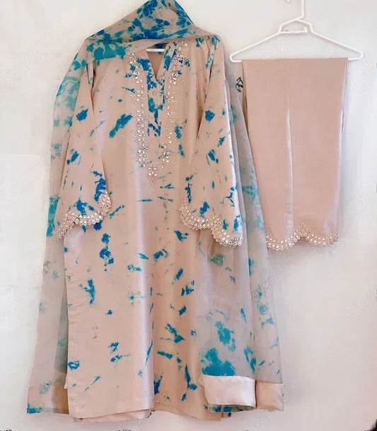Tie Dye Print Georgette Silk Foil Mirror Work Kurta Set