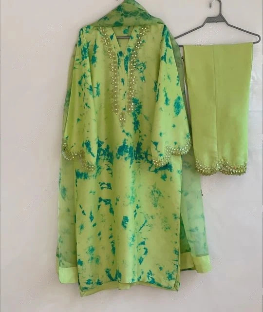 Tie Dye Print Georgette Silk Foil Mirror Work Kurta Set