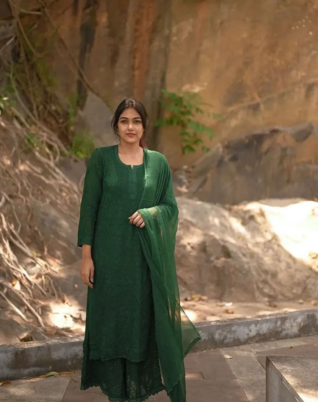 Viscose Georgette Chikankari Kurta With Palazzo And Dupatta