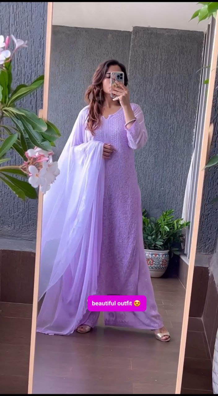 Viscose Georgette Chikankari Kurta With Palazzo And Dupatta