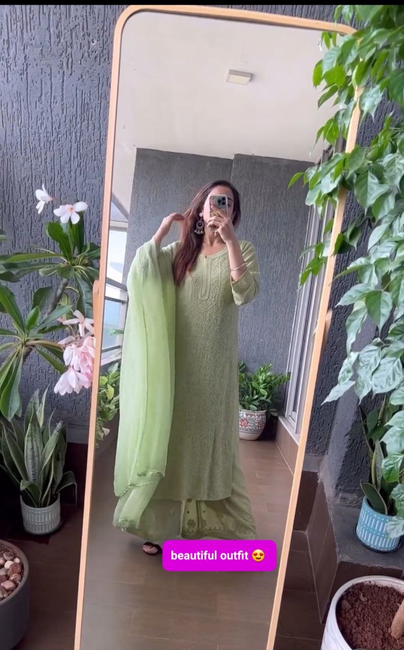 Viscose Georgette Chikankari Kurta With Palazzo And Dupatta