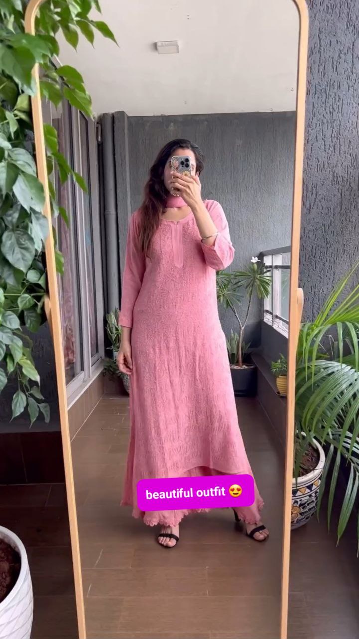 Viscose Georgette Chikankari Kurta With Palazzo And Dupatta