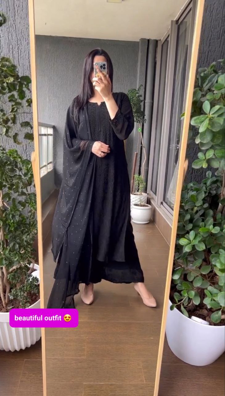 Viscose Georgette Chikankari Kurta With Palazzo And Dupatta