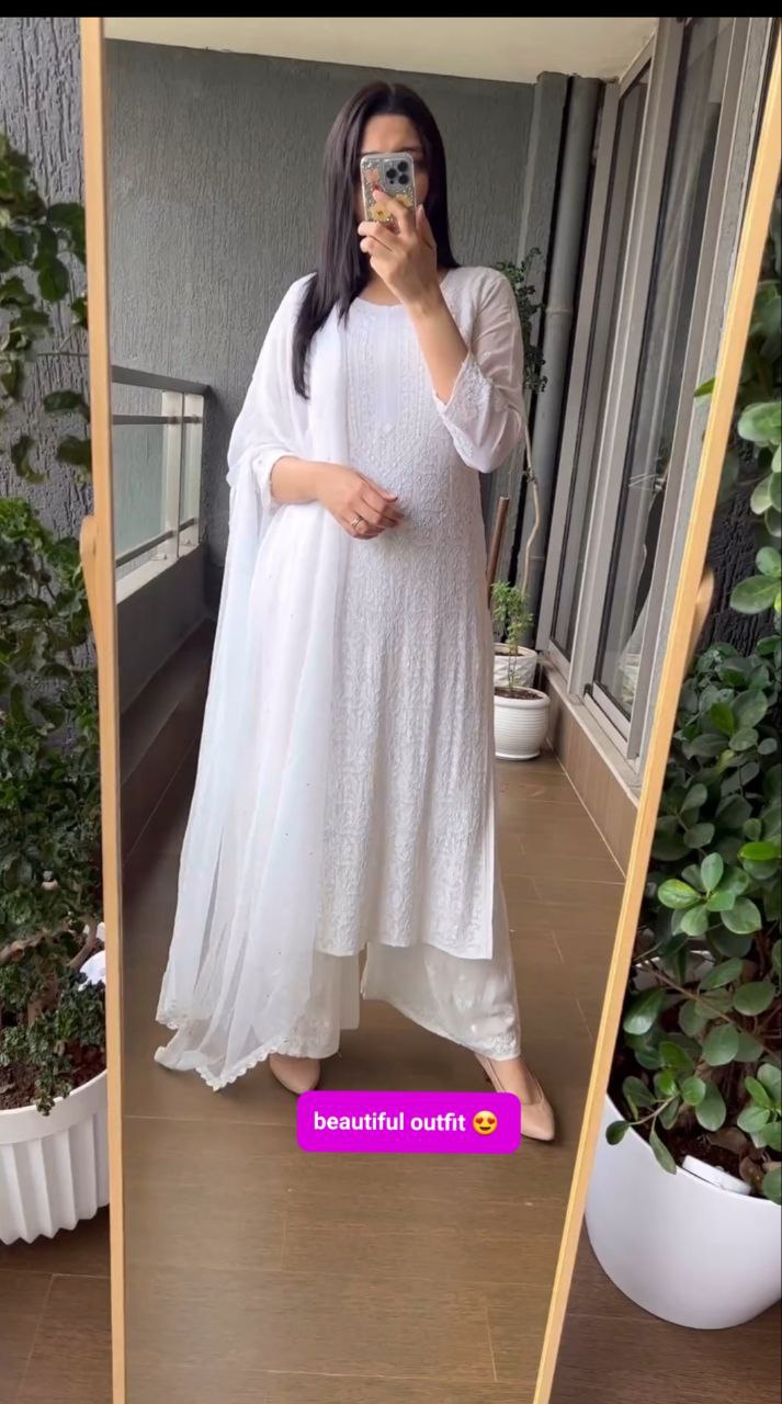 Viscose Georgette Chikankari Kurta With Palazzo And Dupatta