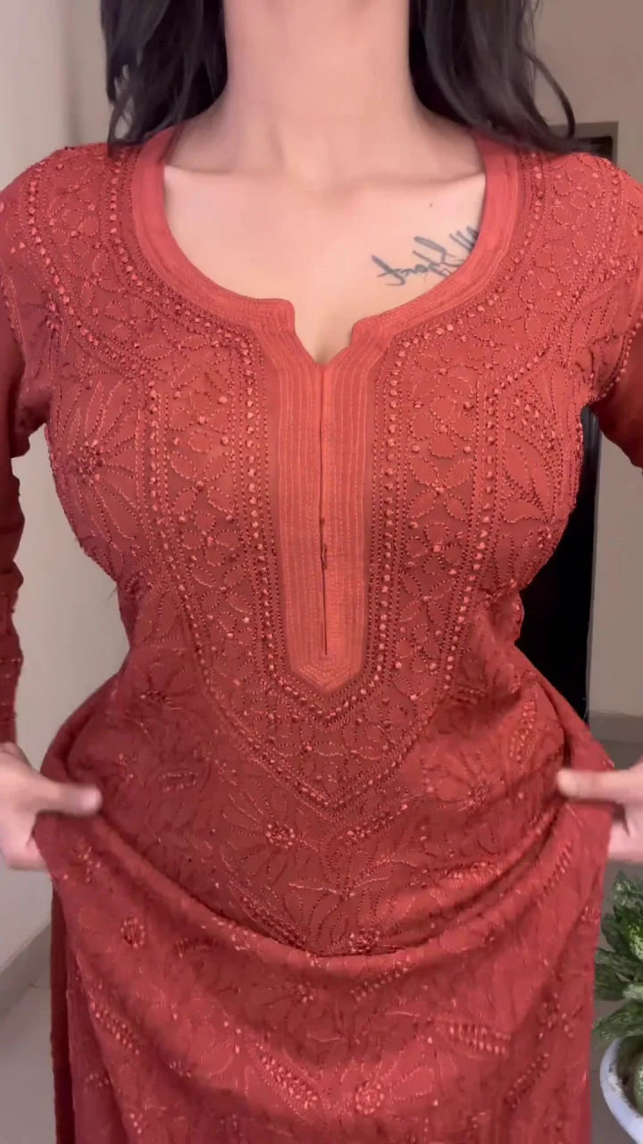 Viscose Georgette Chikankari Kurta With Palazzo And Dupatta