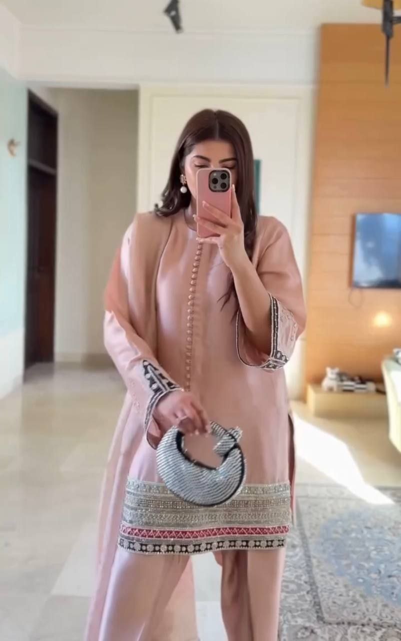 DESIGNER HEAVY NATURAL CREAP EMBROIDERED SEQUENCE WORK WITH FANCY TOP-PENT DUPATTA SET