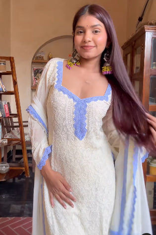 Viscose Georgette Chikankari Kurta With Palazzo And Dupatta