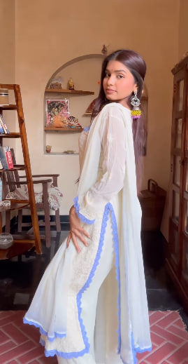 Viscose Georgette Chikankari Kurta With Palazzo And Dupatta