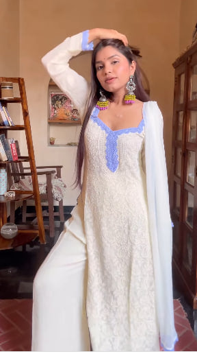 Viscose Georgette Chikankari Kurta With Palazzo And Dupatta