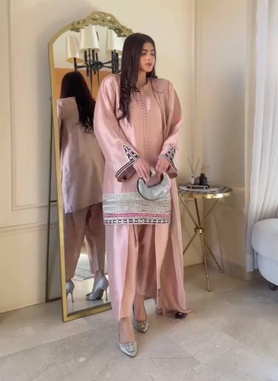 DESIGNER HEAVY NATURAL CREAP EMBROIDERED SEQUENCE WORK WITH FANCY TOP-PENT DUPATTA SET