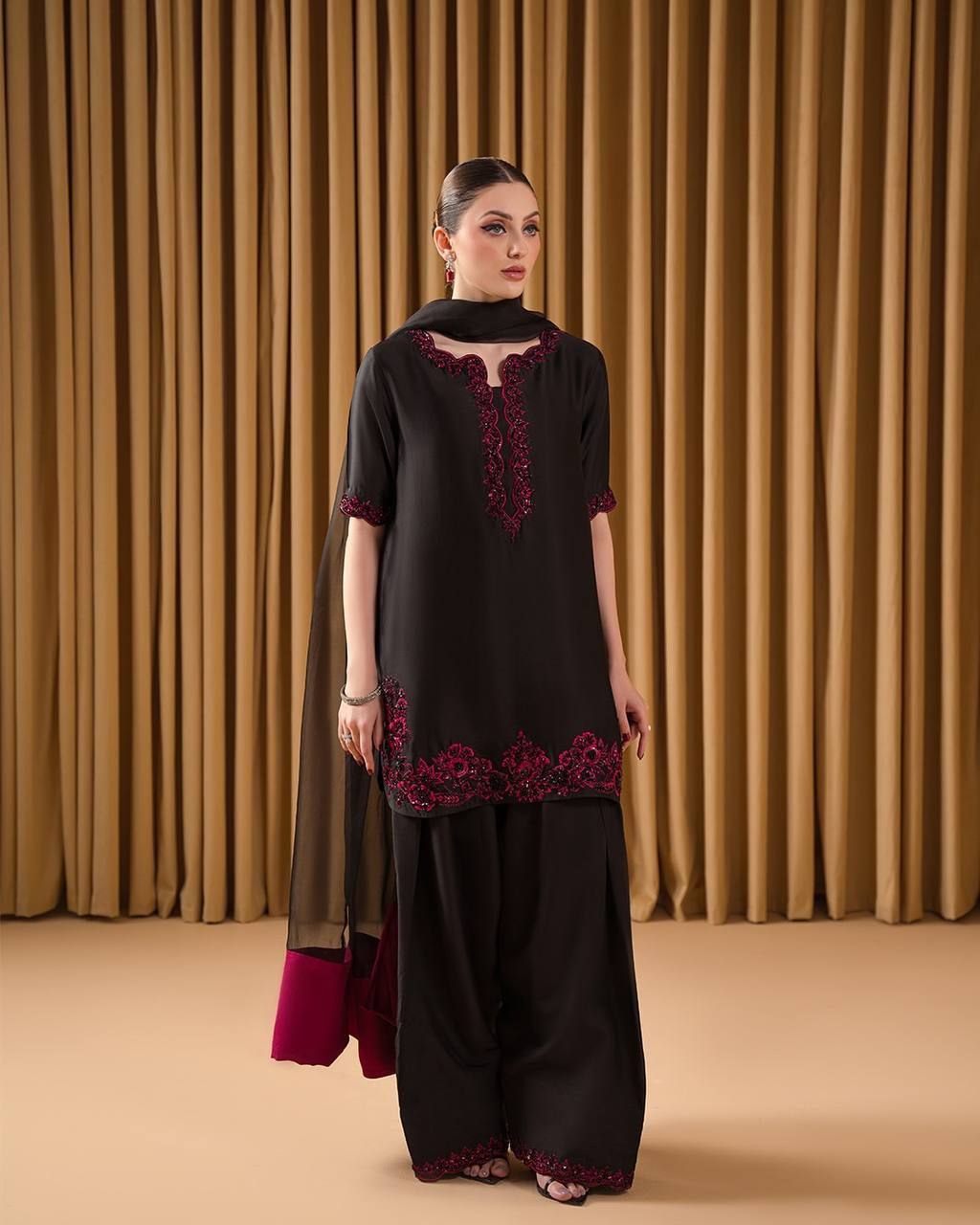 NEW HANDWORK BLACK FARSHI SHALWAR OUTFIT WITH PALLU DUPATTA
