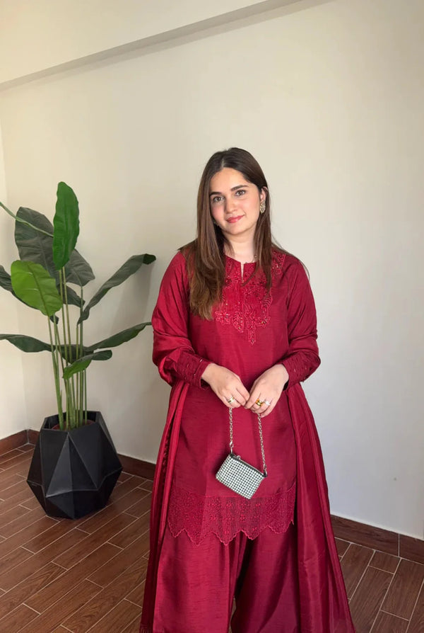 Launching New Designer Cherry Colour Party Wear Look Top Dupatta With Farshi Shalwar Suit