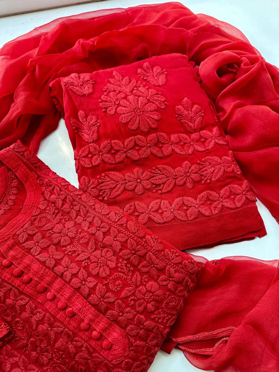 Elegant Georgette Chikankari Kurta Palazzo Set with Dupatta | Lucknowi Embroidery
