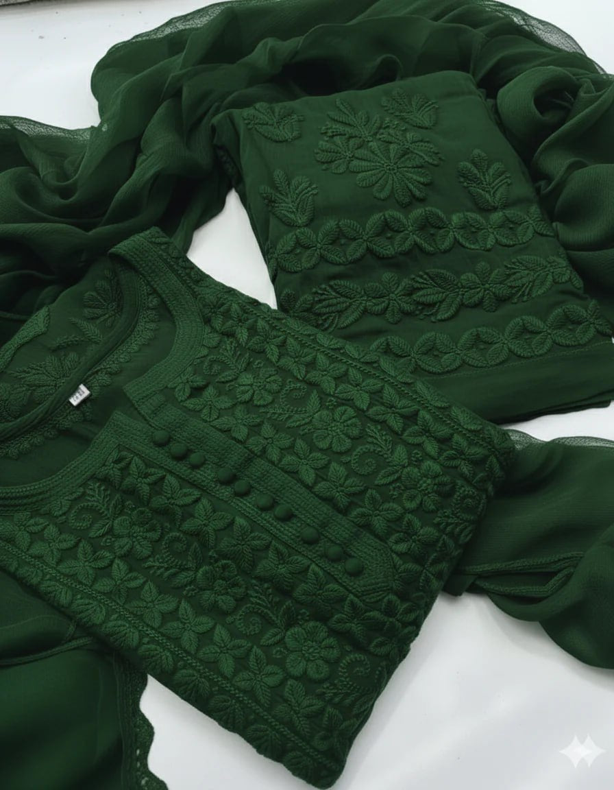 Elegant Georgette Chikankari Kurta Palazzo Set with Dupatta | Lucknowi Embroidery
