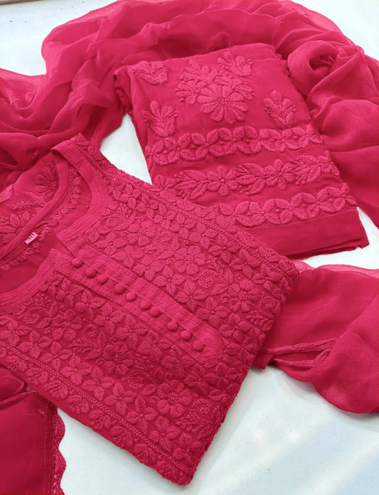 Elegant Georgette Chikankari Kurta Palazzo Set with Dupatta | Lucknowi Embroidery