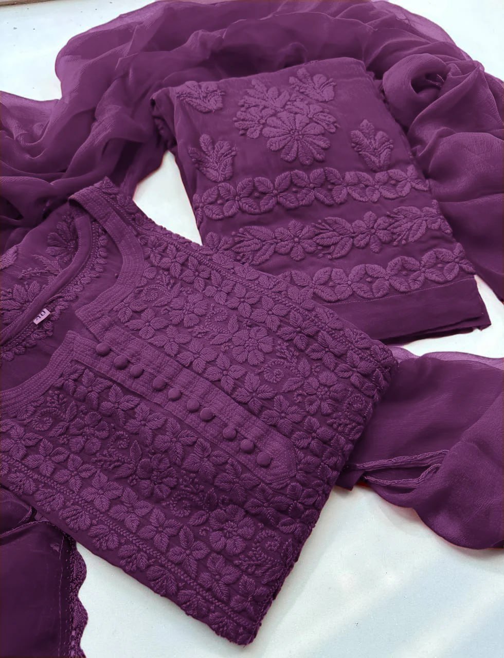 Elegant Georgette Chikankari Kurta Palazzo Set with Dupatta | Lucknowi Embroidery