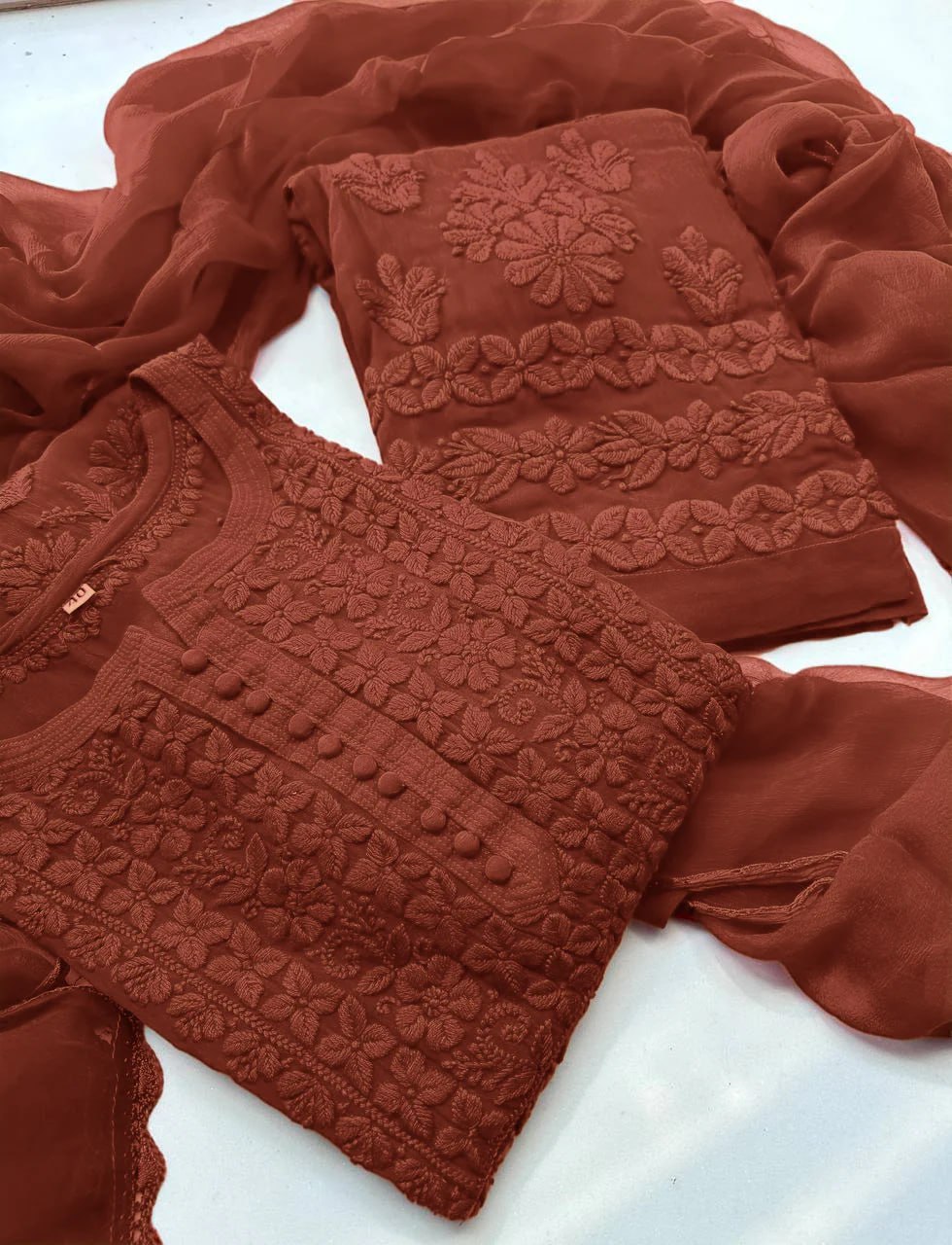 Elegant Georgette Chikankari Kurta Palazzo Set with Dupatta | Lucknowi Embroidery
