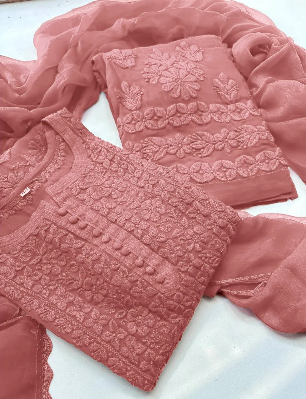 Elegant Georgette Chikankari Kurta Palazzo Set with Dupatta | Lucknowi Embroidery