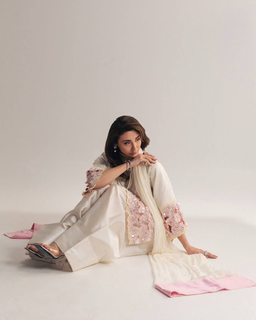 Elegant Cream Farshi Suit Set in Soft Malai Premium Silk with Embroidered Top & Dupatta