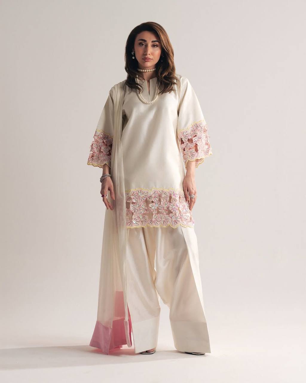 Elegant Cream Farshi Suit Set in Soft Malai Premium Silk with Embroidered Top & Dupatta
