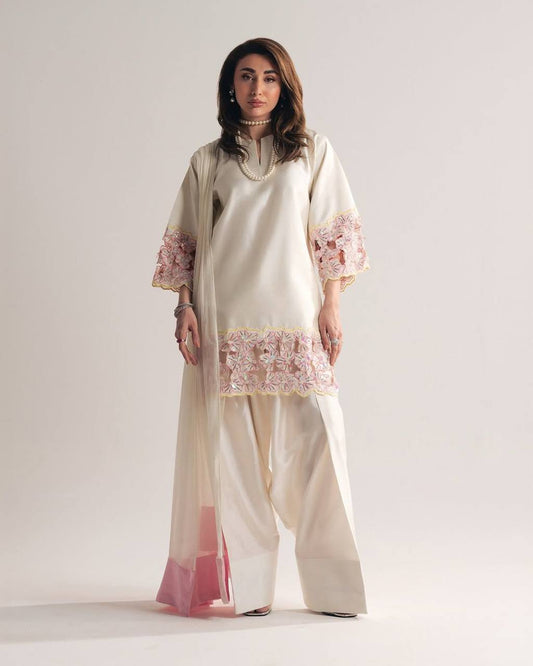 Elegant Cream Farshi Suit Set in Soft Malai Premium Silk with Embroidered Top & Dupatta