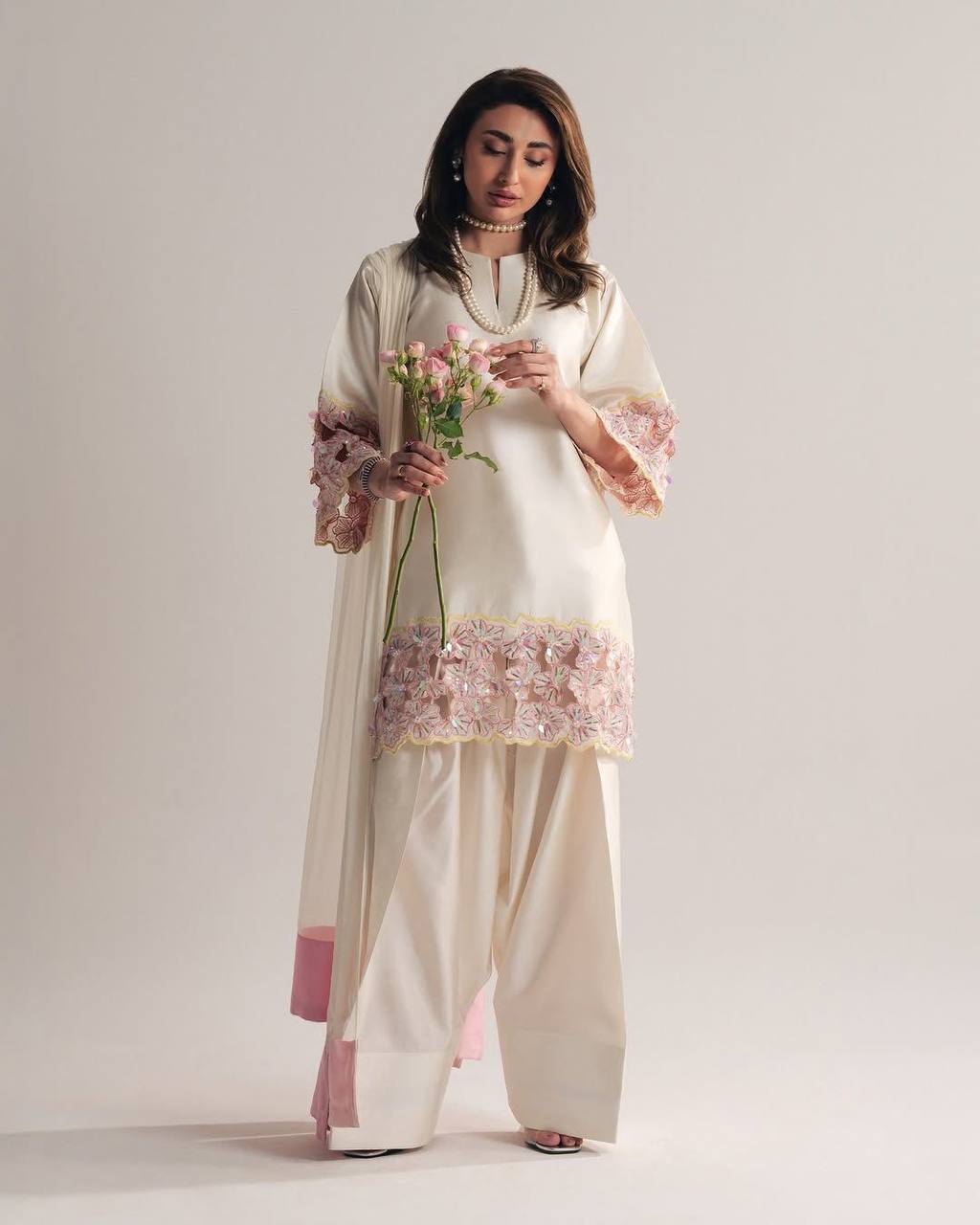 Elegant Cream Farshi Suit Set in Soft Malai Premium Silk with Embroidered Top & Dupatta