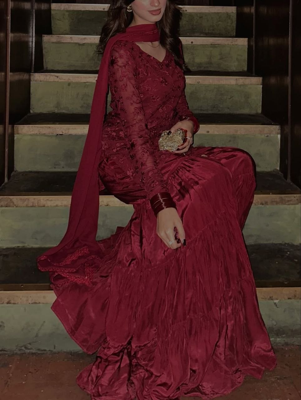New  Designer Royal Crimson Embroidered Sharara Set ✨