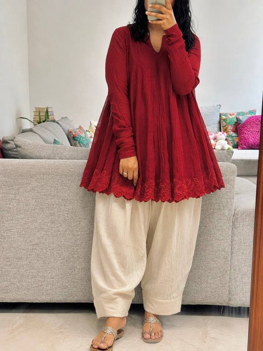 Classic Forest Green Flared Kali Top with Embroidered Hem & Farshi Bottom Set