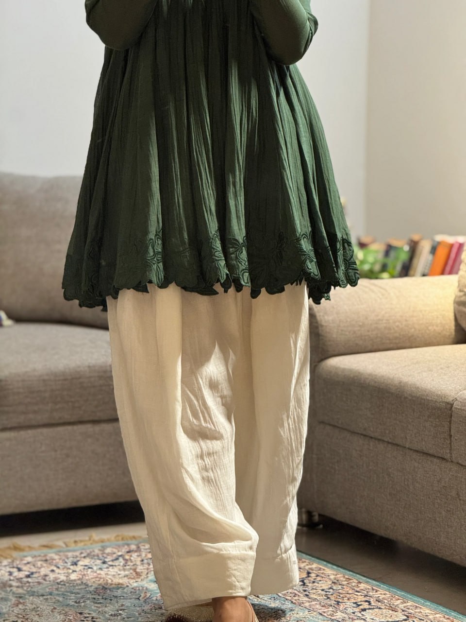 Classic Forest Green Flared Kali Top with Embroidered Hem & Farshi Bottom Set
