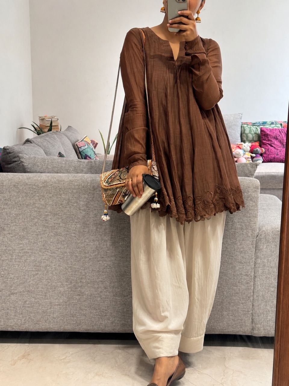 Classic Forest Green Flared Kali Top with Embroidered Hem & Farshi Bottom Set