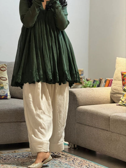 Classic Forest Green Flared Kali Top with Embroidered Hem & Farshi Bottom Set