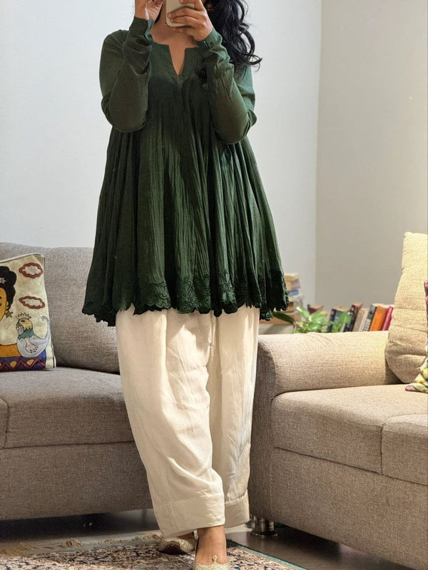 Classic Forest Green Flared Kali Top with Embroidered Hem & Farshi Bottom Set